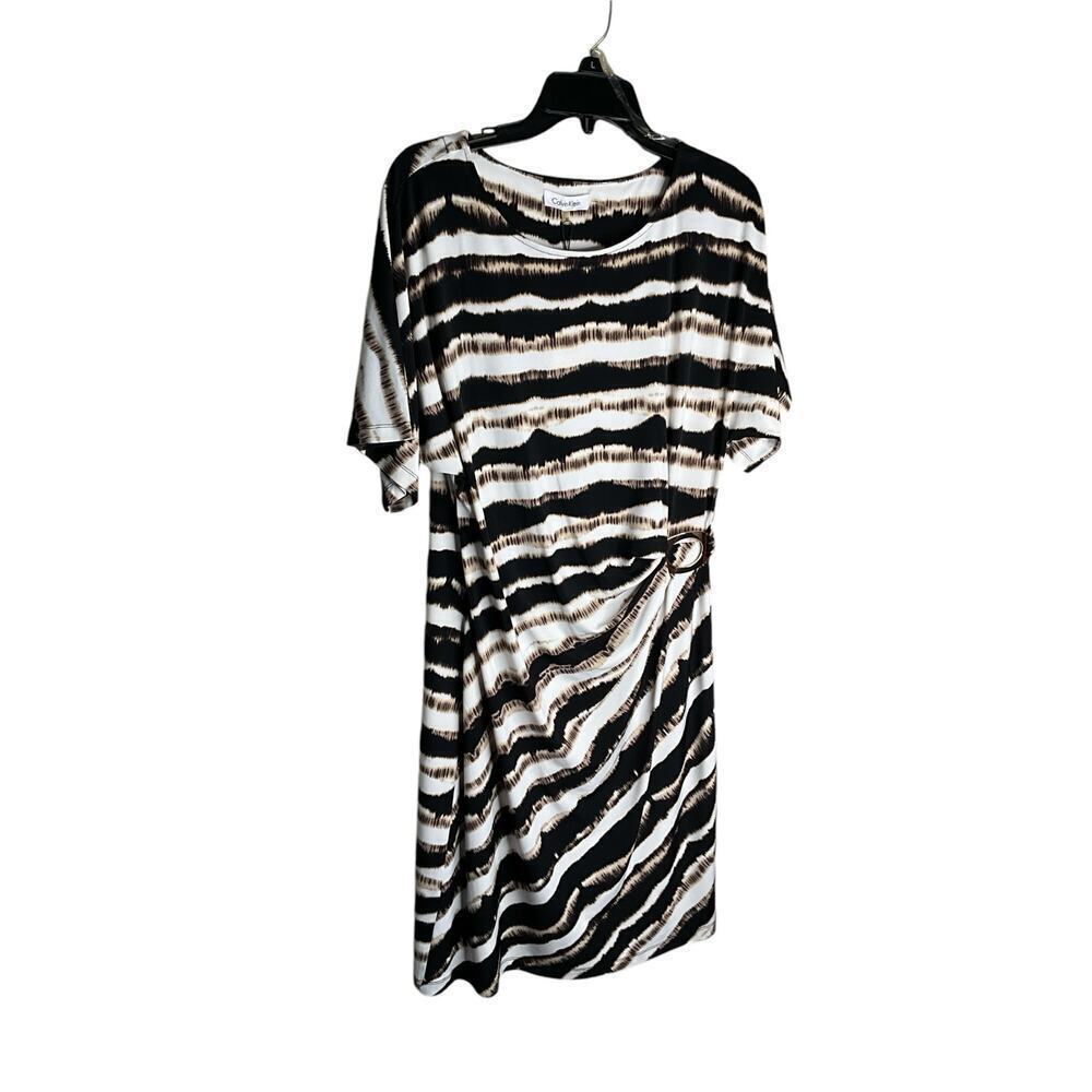 Calvin‎ Klein Knee Length Dress Zebra Striped Pattern Crewneck Womens Medium NWT
